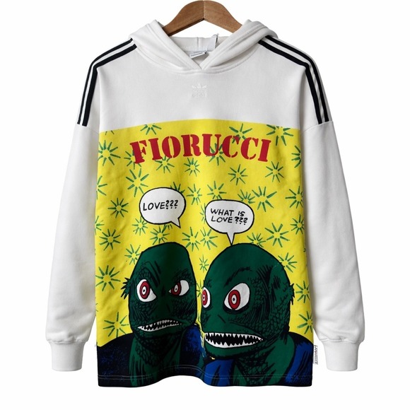 Adidas Fiorucci Women Graphic Hoodie White Yellow Alien Love XS New NWT